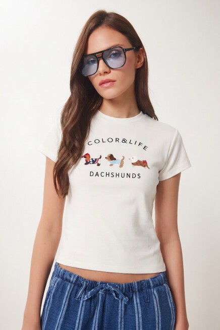Nakış İşlemeli Pamuklu Örme T-shirt EKRU LCR0127