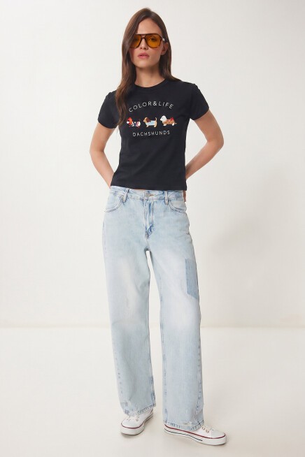 Nakış İşlemeli Pamuklu Örme T-shirt LACİVERT LCR0127