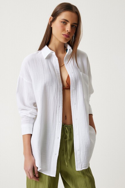 Oversize Basic Müslin Gömlek BEYAZ LMX0002