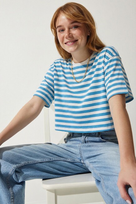 Oversize Çizgili Pamuklu Örme T-shirt MAVİ BEYAZ LZE0001