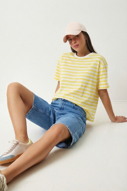Oversize Çizgili Pamuklu Örme T-shirt SARI BEYAZ LZE0001