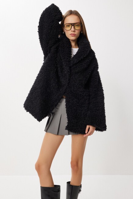Oversize Suni Kürk Kaban SİYAH LVW0008