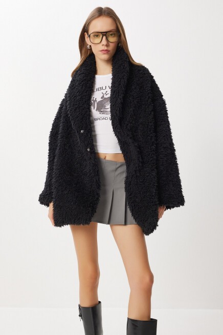 Oversize Suni Kürk Kaban SİYAH LVW0008