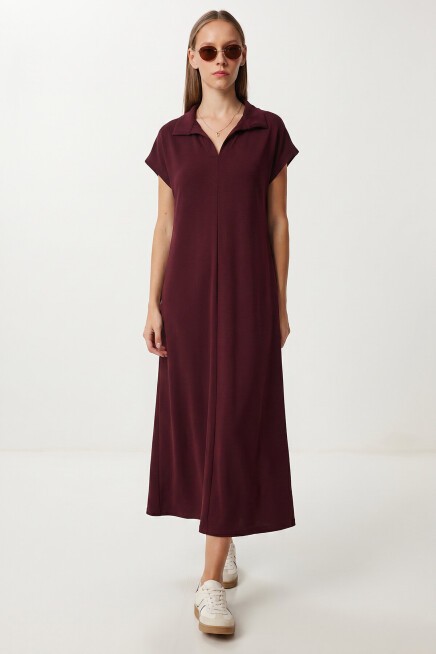 Polo Yaka Cepli Örme Elbise MÜRDÜM LDZ0038
