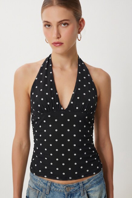 Puantiye Desenli Crop Tül Bluz SİYAH LFW0023