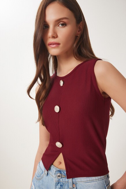 Şık Düğmeli Fitilli Örme Bluz BORDO LZV0008