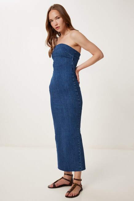 Straplez Midi Denim Elbise KOYU MAVİ LYZ0002