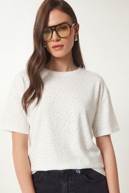 Taş Detaylı Örme T-shirt EKRU LZV0059