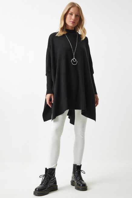 Yandan Yırtmaçlı Oversize Panço Kazak SİYAH LYY0016