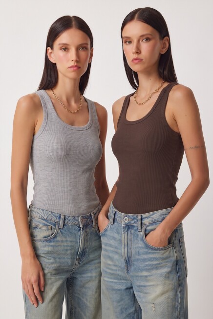 2li Fitilli Kalın Askılı Örme Atlet GRİ KAHVERENGİ LHJ0002