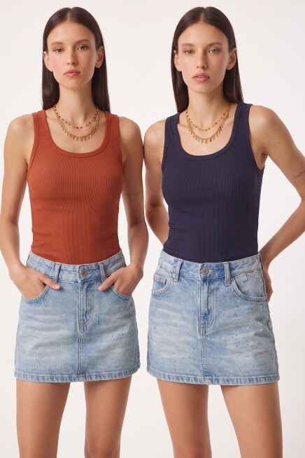 2li Fitilli Kalın Askılı Örme Atlet LACİVERT KİREMİT LHJ0002