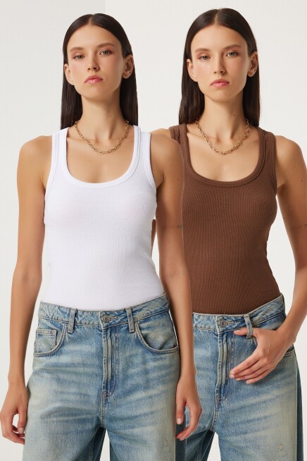 2li Paket Askılı Fitilli Örme Atlet KAHVERENGİ BEYAZ HHJ0002