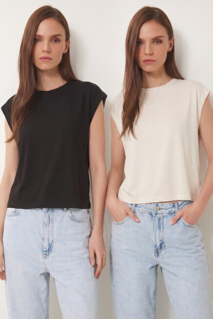 2’li Paket Basic Viskon T-shirt SİYAH EKRU LRN0043