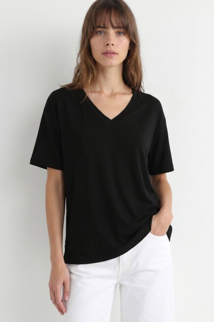 2’li Paket V Yaka Oversize Örme T-shirt SİYAH EKRU LZV0085
