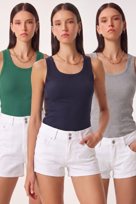 3lü Fitilli Kalın Askılı Örme Atlet GRİ YEŞİL LACİVERT LRN0060