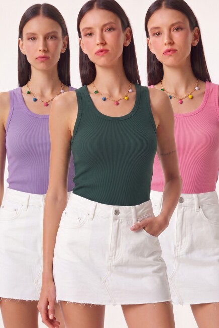 3lü Fitilli Kalın Askılı Örme Atlet KOYU YEŞİL LİLA PEMBE LRN0060