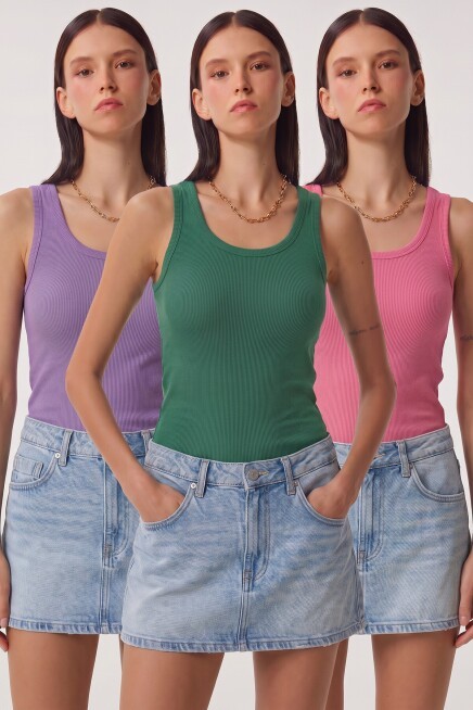 3lü Fitilli Kalın Askılı Örme Atlet YEŞİL LİLA PEMBE LRN0060