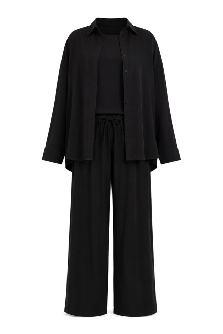 3’lü Gömlek Bluz Pantolon Gabardin Takım SİYAH LBY0071