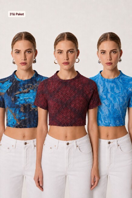 3’lü Paket Desenli Crop Krinkıl Bluz BORDO GÖK MAVİ LACİVERT LAN0088