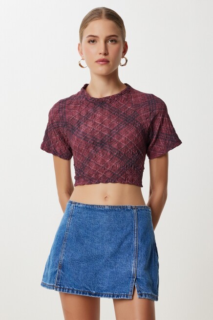3’lü Paket Desenli Crop Krinkıl Bluz BORDO GÖK MAVİ LACİVERT LAN0088