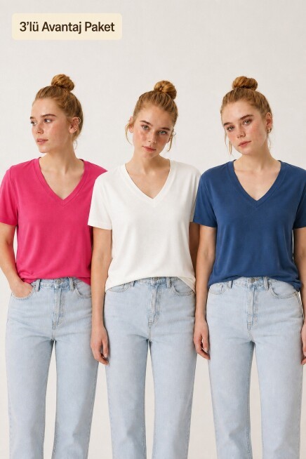 3’lü Paket V Yaka Basic Viskon T-shirt KOYU MAVİ KOYU PEMBE EKRU LRN0069