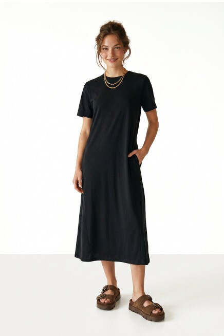 A Kesim Yazlık Örme Elbise KOYU ANTRASİT LUB0005