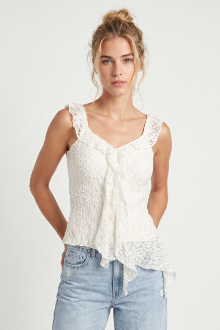 Asimetrik Dantelli Transparan Bluz BEYAZ LFW0029