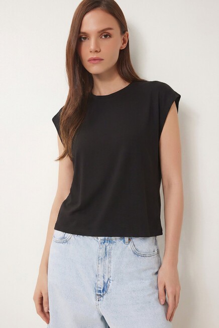 Basic Dökümlü Viskon T-shirt SİYAH LRN0054