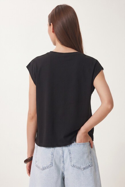 Basic Dökümlü Viskon T-shirt SİYAH LRN0054