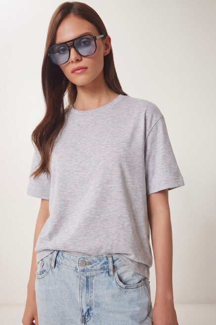 Basic Pamuklu Örme T-shirt GRİ MELANJ LUS0094