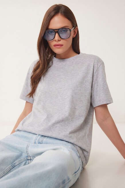Basic Pamuklu Örme T-shirt GRİ MELANJ LUS0094