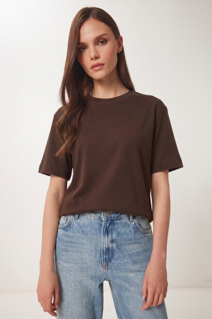 Basic Pamuklu Örme T-shirt KAHVERENGİ LUS0094