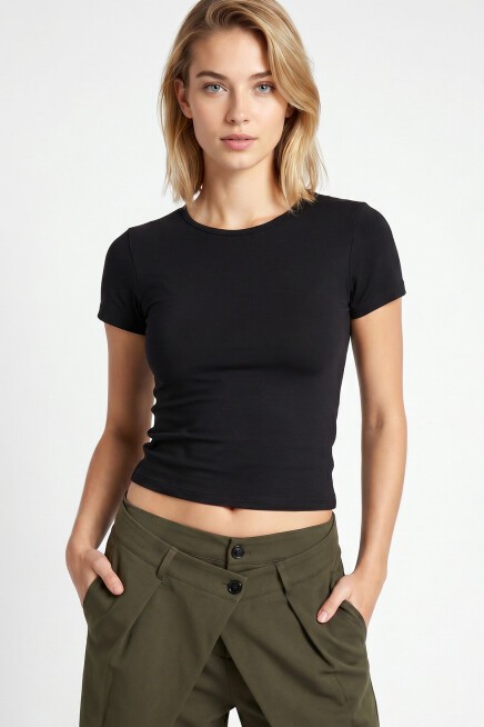 Basic Sandy Örme T-shirt SİYAH LZV0075