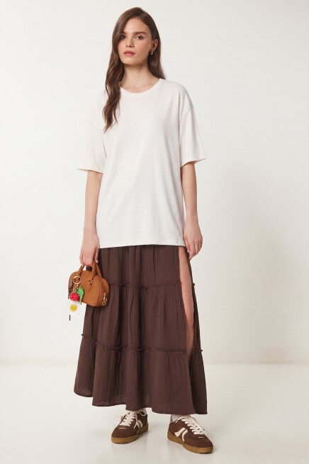 Bisiklet Yaka Oversize Uzun T-shirt EKRU LRN0052
