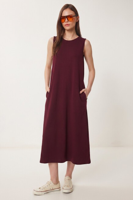 Cepli Yazlık Örme Elbise BORDO LRN0032