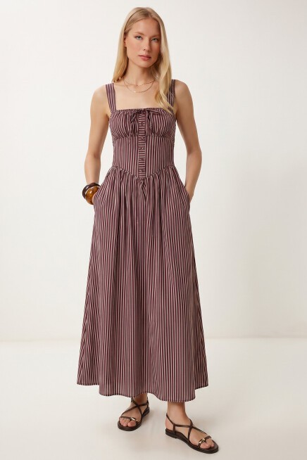 Çizgili Korse Görünümlü Poplin Midi Elbise BORDO LUB0374