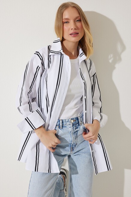 Çizgili Oversize Poplin Gömlek BEYAZ SİYAH LBP0023