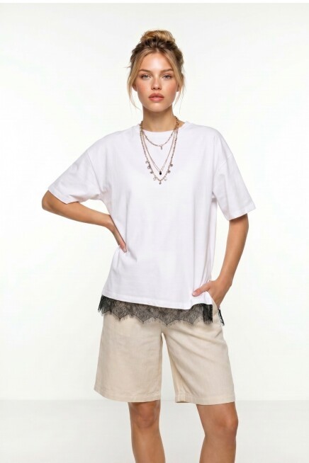 Dantel Detaylı Oversize Örme T-shirt BEYAZ LUB0377