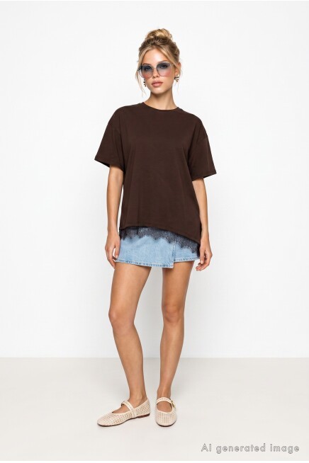 Dantel Detaylı Oversize Örme T-shirt KAHVERENGİ LUB0377