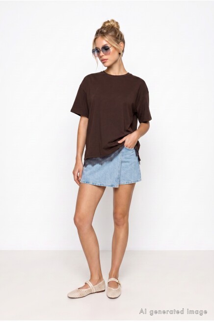 Dantel Detaylı Oversize Örme T-shirt KAHVERENGİ LUB0377