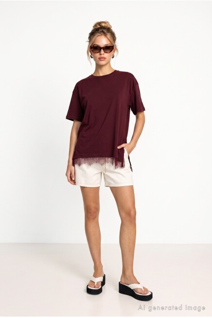 Dantel Detaylı Oversize Örme T-shirt MÜRDÜM LUB0377