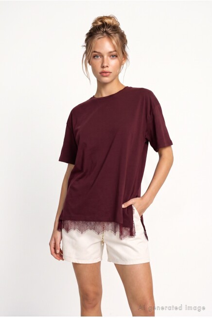 Dantel Detaylı Oversize Örme T-shirt MÜRDÜM LUB0377
