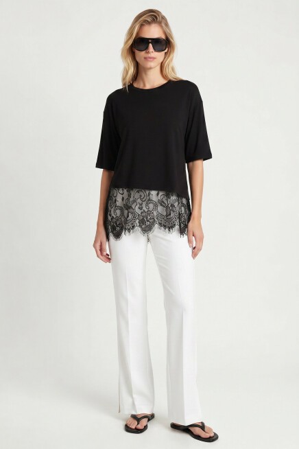 Dantel Detaylı Oversize Örme T-shirt SİYAH LRN0056