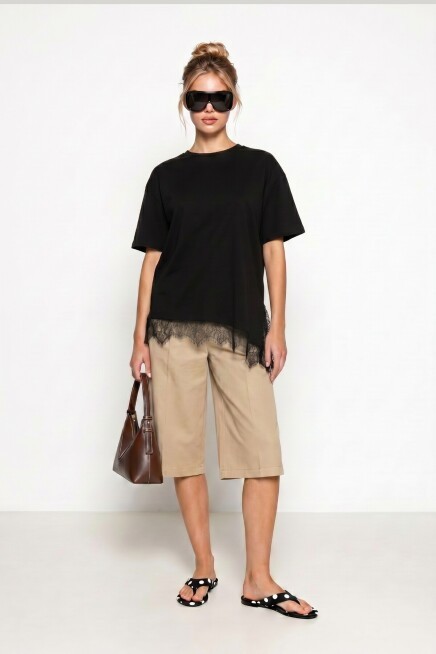 Dantel Detaylı Oversize Örme T-shirt SİYAH LUB0377