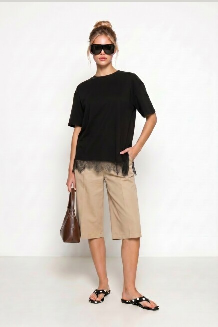 Dantel Detaylı Oversize Örme T-shirt SİYAH LUB0377