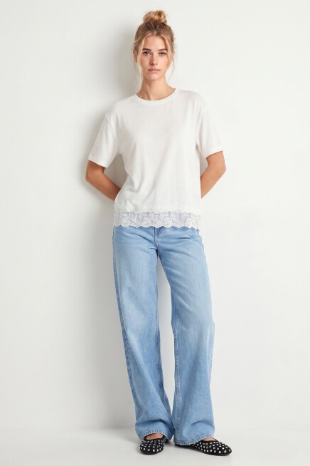 Dantelli Oversize Mevsimlik Triko Bluz BEYAZ LYY0146