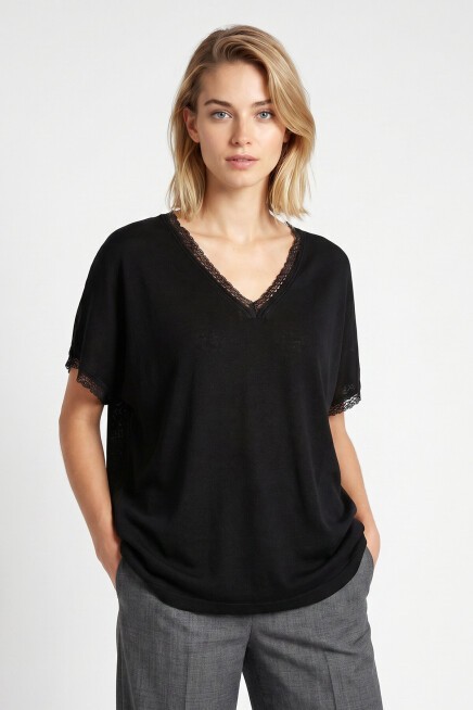 Dantelli Oversize Mevsimlik Triko Bluz SİYAH LYY0145