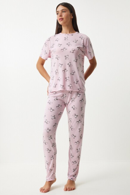 Desenli Viskon Pantolon T-shirt Pijama Takımı AÇIK PEMBE LEC0007