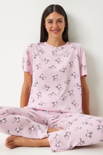 Desenli Viskon Pantolon T-shirt Pijama Takımı AÇIK PEMBE LEC0007