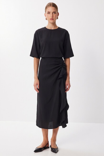 Drapeli Midi Modal Elbise SİYAH LNT0033